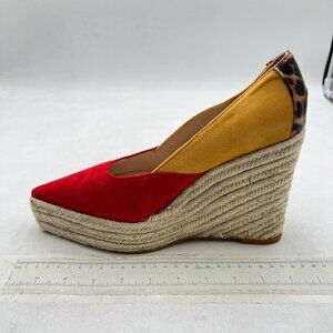 FOWT Red/Yellow Retro Wedge High Heel Espadrille Pumps Pointed Toe Slip On Shoes